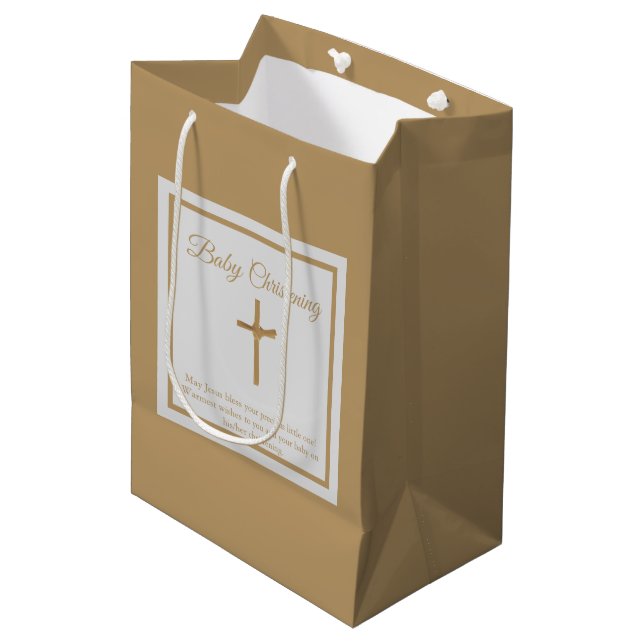 Personalized Gold Cross Baby Christening Baptism Medium Gift Bag (Front Angled)