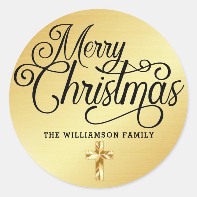 Personalized Gold Cross Merry Christmas Christian Classic Round Sticker (Front)