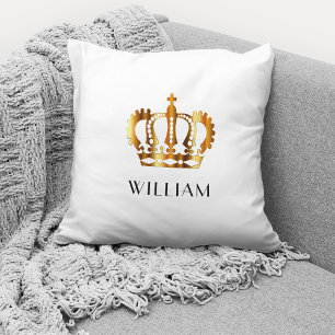 Personalized Gold Crown White Throw Pillow