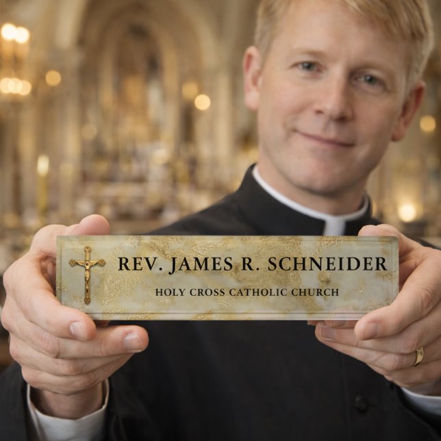 Personalized Gold Crucifix Cross White Marble Nameplate (Creator Uploaded)