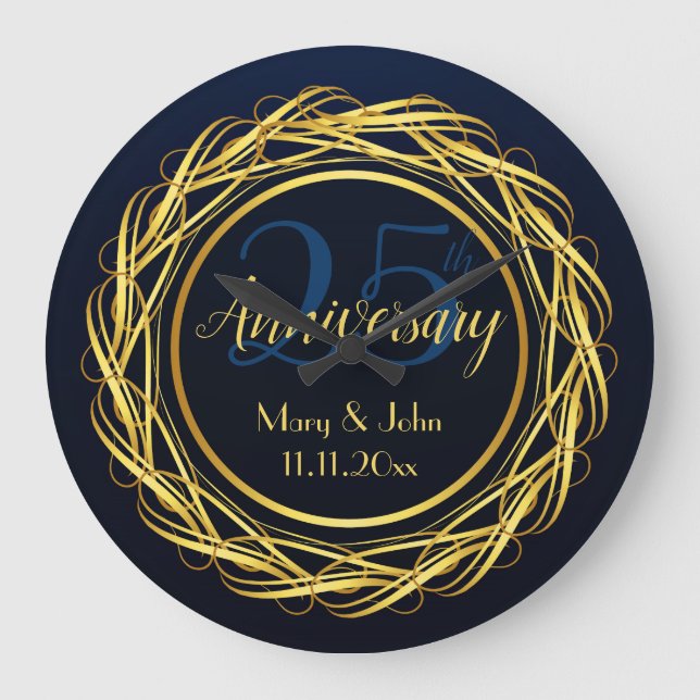 Personalized gold dark blue Anniversary Luxury Large Clock (Front)
