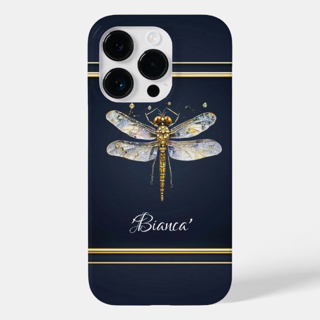 Personalized Gold Dragonfly iPhone 14 Pro Case (Back)