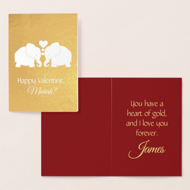 Personalized Gold Elephants With Hearts Valentine Foil Card (Display)