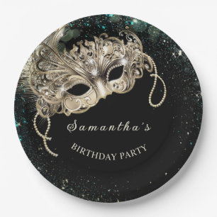 Personalized Gold Emerald Green Masquerade Party Paper Plate