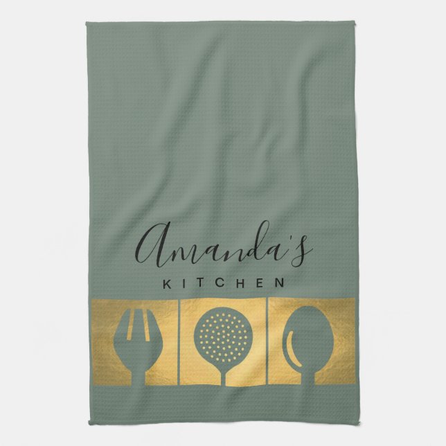 PERSONALIZED GOLD FAUX SPOON FORK SKIMMER CHEF KITCHEN TOWEL (Vertical)