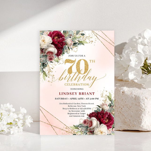 Personalized Gold Floral 70th Birthday Invitation (Personalized Gold Floral 70th Birthday Invitation)
