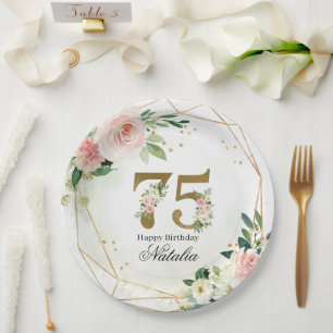 Personalized Gold & Floral 75th Custom Paper Plate