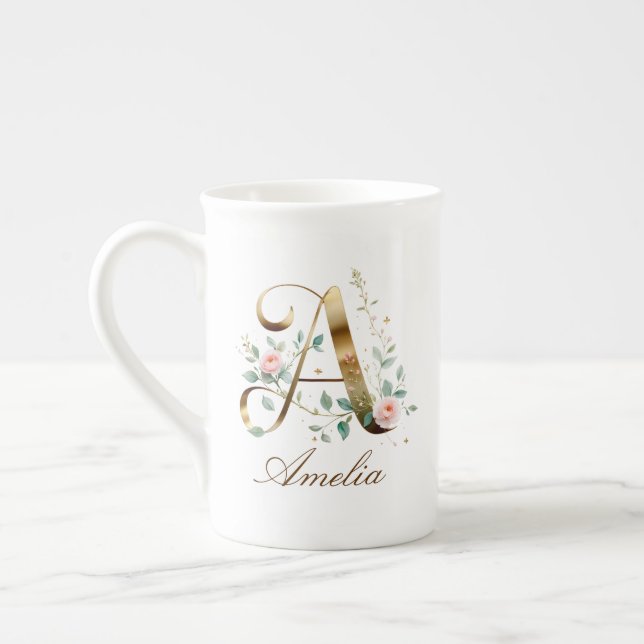 Personalized Gold Floral Monogram Initial A Bone China Mug (Left)