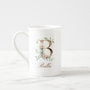 Personalized Gold Floral Monogram Initial B Bone China Mug