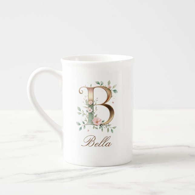 Personalized Gold Floral Monogram Initial B Bone China Mug (Left)