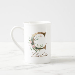 Personalized Gold Floral Monogram Initial C Bone China Mug