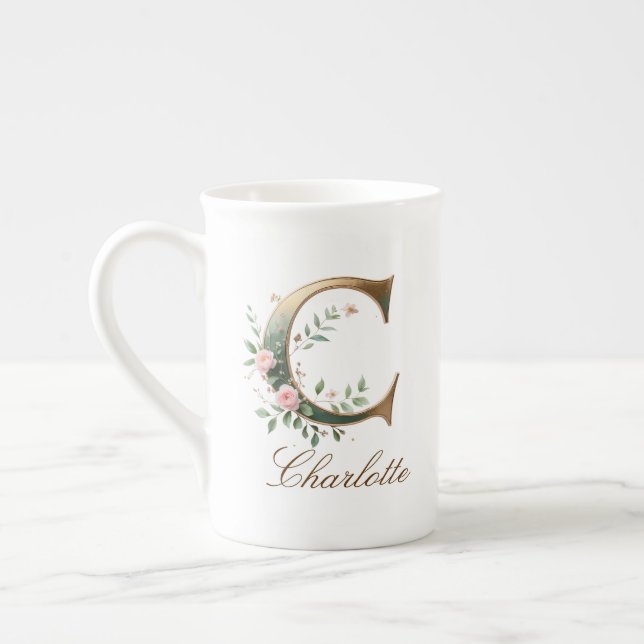 Personalized Gold Floral Monogram Initial C Bone China Mug (Left)