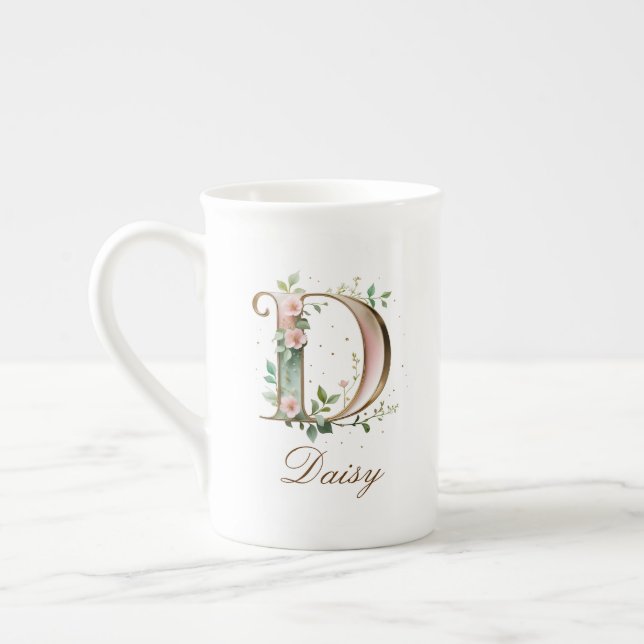 Personalized Gold Floral Monogram Initial D Bone China Mug (Left)