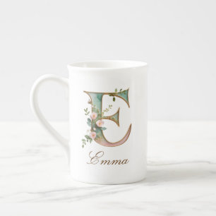 Personalized Gold Floral Monogram Initial E Bone China Mug