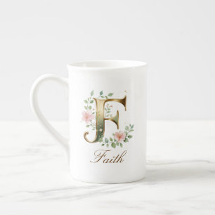 Personalized Gold Floral Monogram Initial F Bone China Mug