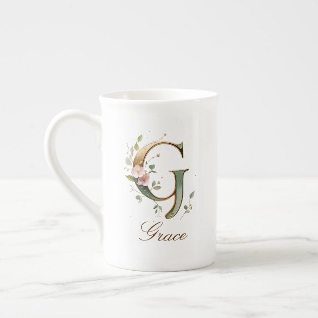 Personalized Gold Floral Monogram Initial G Bone China Mug (Left)