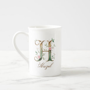 Personalized Gold Floral Monogram Initial H Bone China Mug