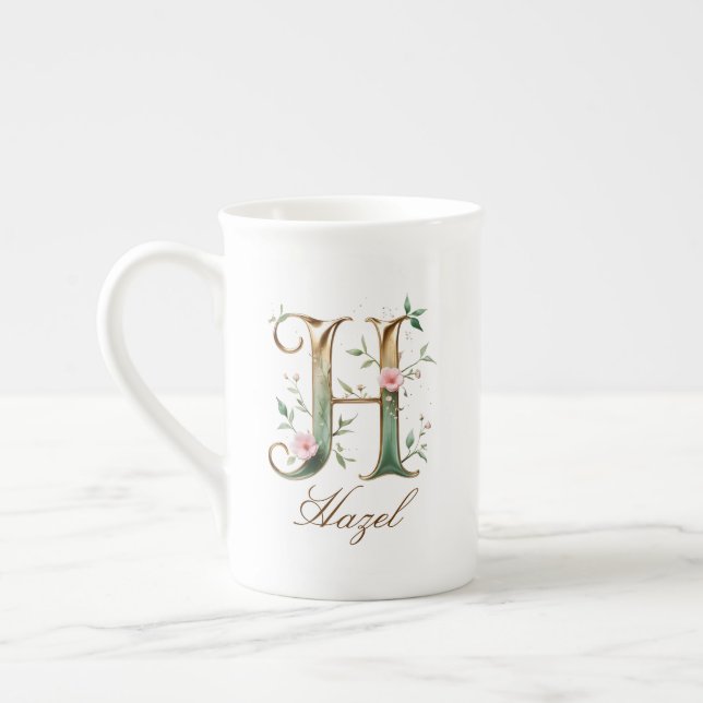 Personalized Gold Floral Monogram Initial H Bone China Mug (Left)