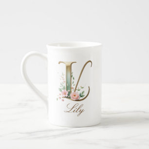 Personalized Gold Floral Monogram Initial L Bone China Mug