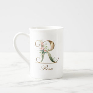 Personalized Gold Floral Monogram Initial R Bone China Mug