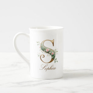 Personalized Gold Floral Monogram Initial S Bone China Mug
