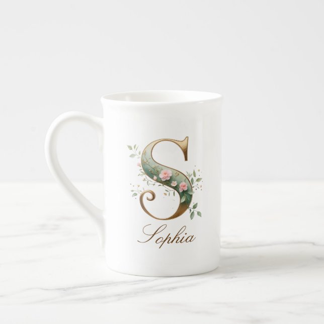 Personalized Gold Floral Monogram Initial S Bone China Mug (Left)