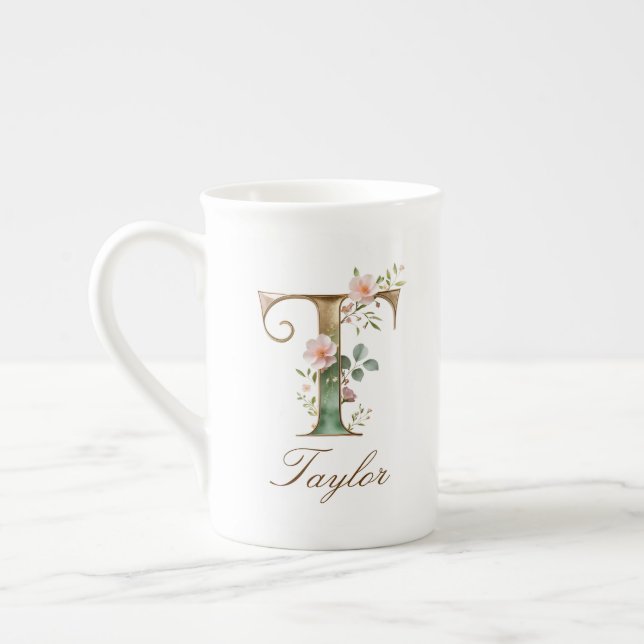 Personalized Gold Floral Monogram Initial T Bone China Mug (Left)