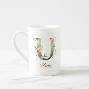 Personalized Gold Floral Monogram Initial U Bone China Mug