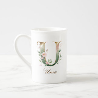 Personalized Gold Floral Monogram Initial U Bone China Mug