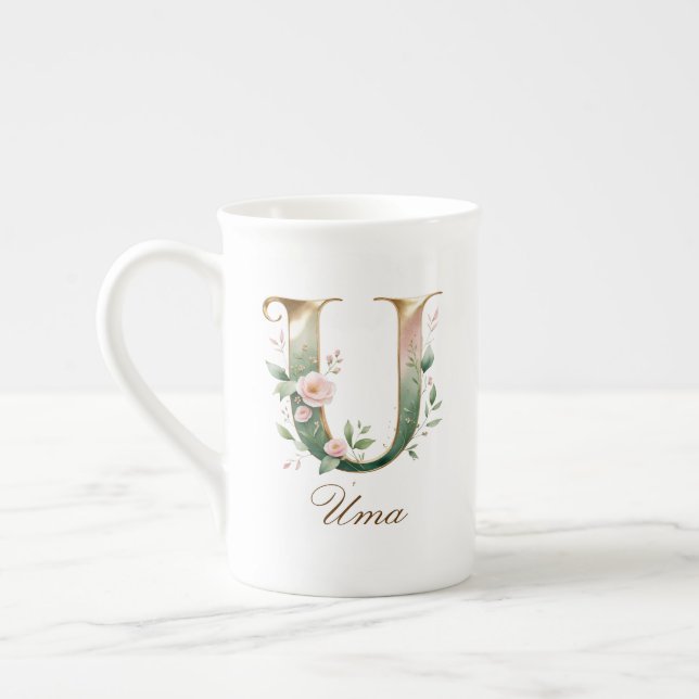 Personalized Gold Floral Monogram Initial U Bone China Mug (Left)