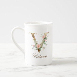 Personalized Gold Floral Monogram Initial V Bone China Mug