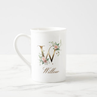 Personalized Gold Floral Monogram Initial W Bone China Mug