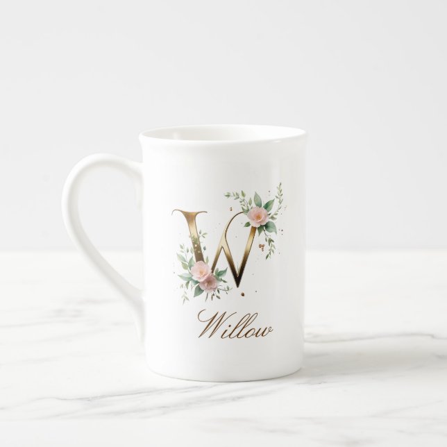 Personalized Gold Floral Monogram Initial W Bone China Mug (Left)