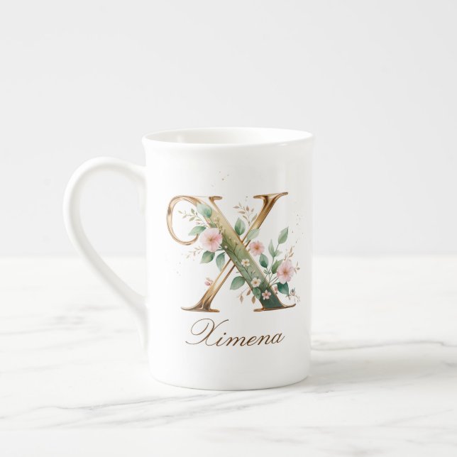 Personalized Gold Floral Monogram Initial X Bone China Mug (Left)