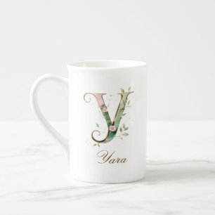 Personalized Gold Floral Monogram Initial Y Bone China Mug