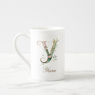 Personalized Gold Floral Monogram Initial Y Bone China Mug