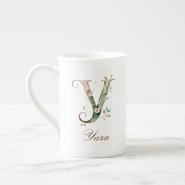 Personalized Gold Floral Monogram Initial Y Bone China Mug (Left)