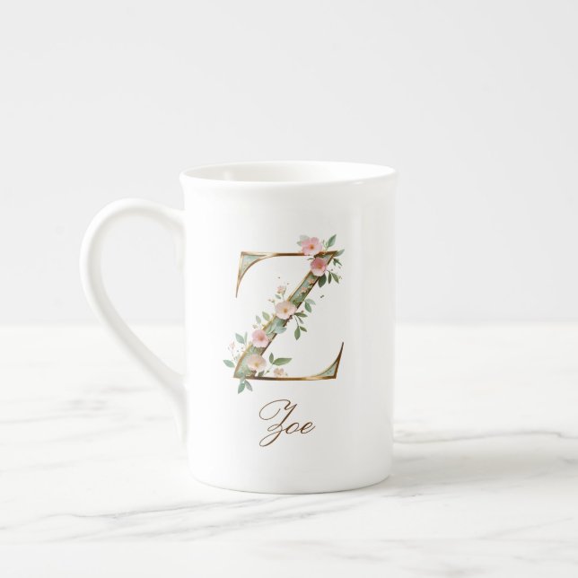 Personalized Gold Floral Monogram Initial Z Bone China Mug (Left)