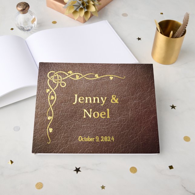 Personalized Gold Foil And Faux Leather  Guest Book (Front Open)