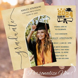 Personalized Gold Foil Glitter Photo Graduation Invitation