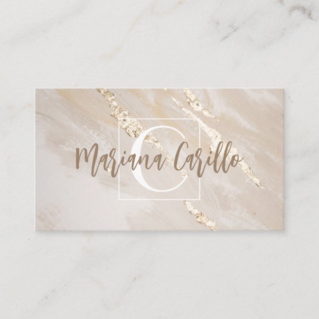 Personalized Gold Foil Marble Monogram Script Business Card (Front)