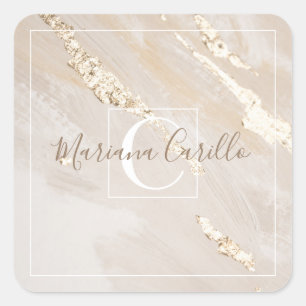 Personalized Gold Foil Marble Monogram  Square Sticker