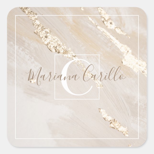 Personalized Gold Foil Marble Monogram  Square Sticker (Front)