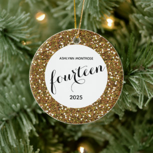 Personalized Gold Glitter 14th Birthday Ceramic Ornament