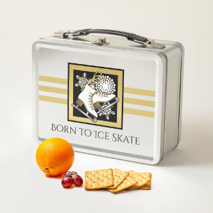 Personalized Gold Glitter Black White Ice Skate Metal Lunch Box