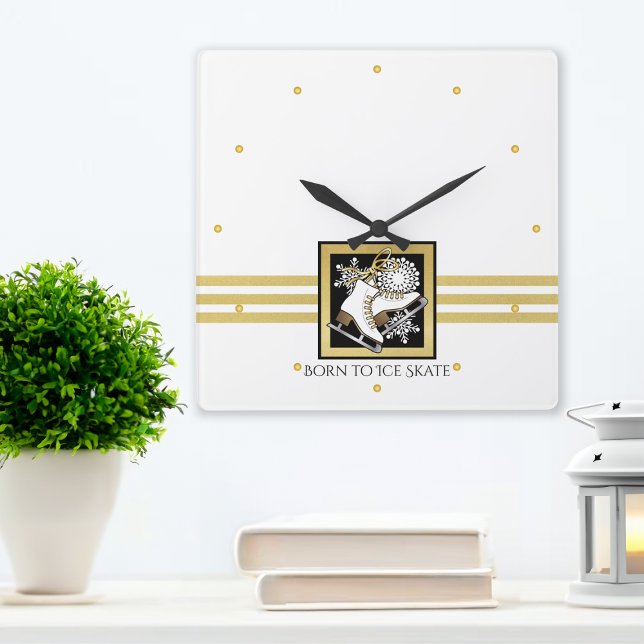 Personalized Gold Glitter Black White Ice Skate Square Wall Clock (Creator Uploaded)