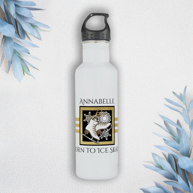 Personalized Gold Glitter Black White Ice Skating 710 Ml Water Bottle (Creator Uploaded)