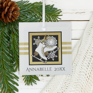 Personalized Gold Glitter Black White Ice Skating Glass Ornament