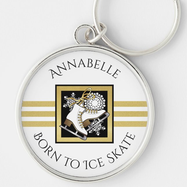 Personalized Gold Glitter Black White Ice Skating Keychain (Front)
