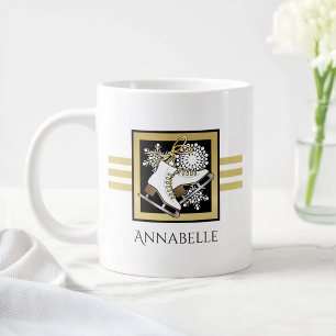 Personalized Gold Glitter Black White Ice Skating Large Coffee Mug
